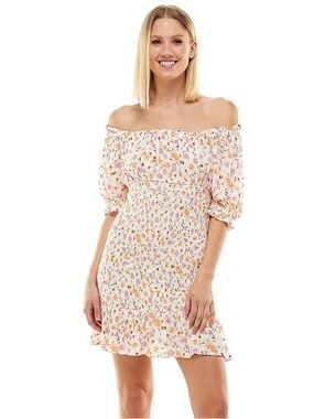 Off-Shoulder Floral Smocked Mini Dress in Ivory Floral - Size M